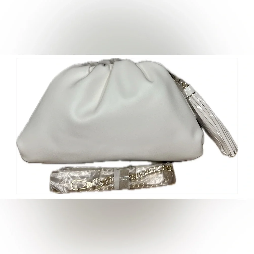 Elegant White Leather Tassel Clutch with Gold Chain